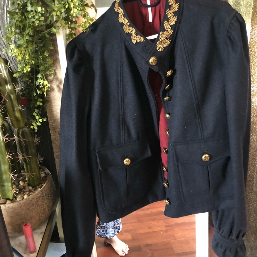 Free People Black Military-Style Blazer with Gold Embroidery